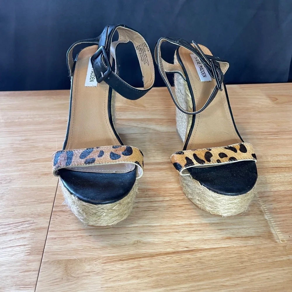 Steve Madden Hamptin Leopard Calf Hair Espadrille Wedge Sandals Black Womens 8.5